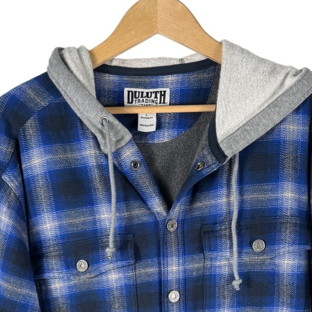 Duluth Trading Co Mens Blue Plaid Fleece Lined Hooded Flannel Shirt Jacket L